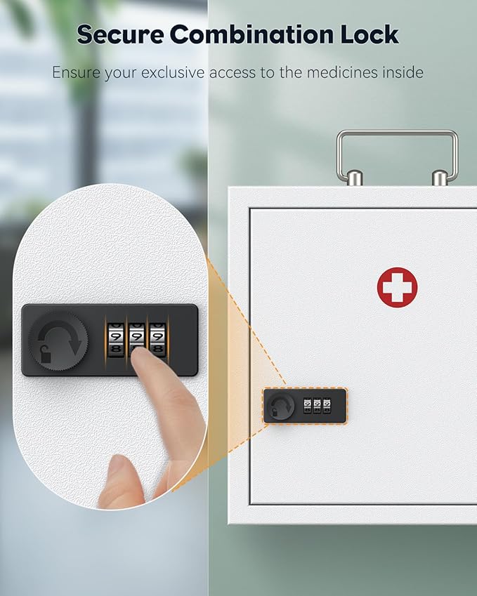 Uniclife Wall Mount Medicine Cabinet with Combination Lock & Handle Locking First Aid Cabinet Lockable Medical Cabinet Medium