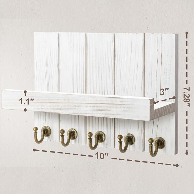 Rebee Vision Farmhouse Key Holder for Wall - Decorative Mail Organizer & Key Rack Wall Mount - Elegant 5 Sturdy Key Hooks wit