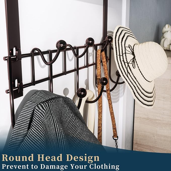 Consumest Over The Door Hooks Organizer - Extra Long Door Hanger with 9 Coat Hooks & 2 Mesh Basket, Back Storage Organizer Ha