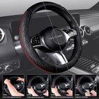CAR PASS Leather Rubber Steering Wheel Cover Set,Tire Tread Pattern Design,Non-Slip Wear-Resistant,Equipped with Mobile Phone Holder and Non-Slip Cup Mat,Suitable for Steering Wheel 14.5-15”Black Red