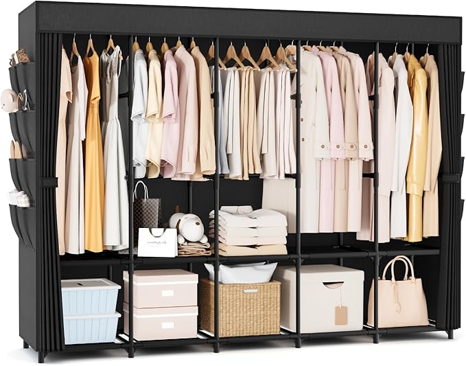 Portable Closet Storage, Portable Wardrobe Closet Organizer Clothes Rack wtih Cover, Hanging Rod, Storage Shelves and Side Po