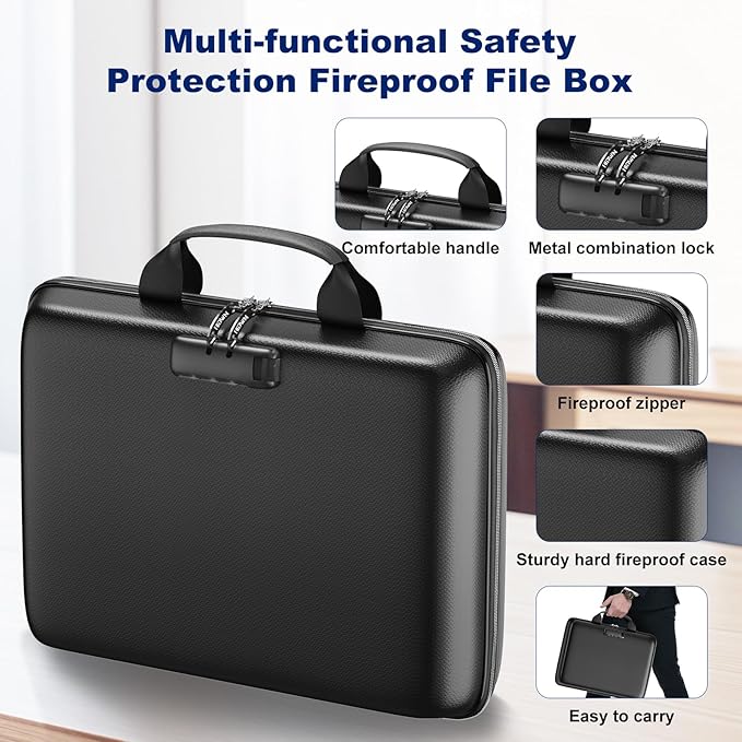Fireproof Document Box, Hard Case Fireproof File Organizer Box with Lock and 13 Pocket Accordion File Folder, Portable Safe B