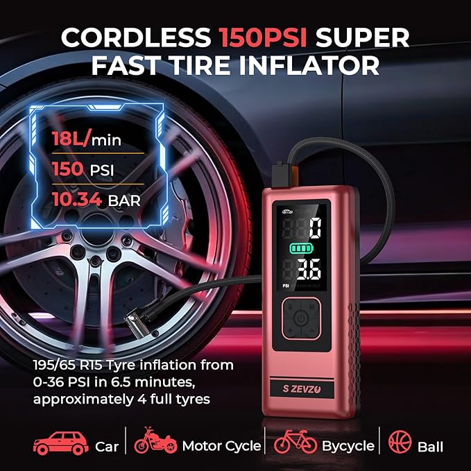 S ZEVZO Car Jump Starter with Air Compressor, 4000A 150PSI Jump Box Battery Pack(6.0 Gas/4.0L Diesel), Portable 12V Jump Box with Auto-Shutoff Tire Inflator, USB Ports, LCD Display & LED Light