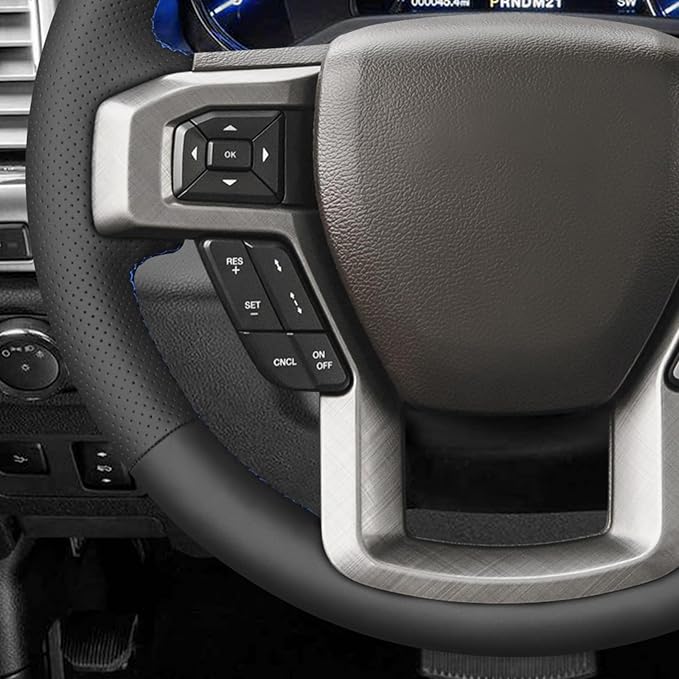 MEWANT Black Genuine Leather Steering Wheel Cover for Ford F150 F250 F350 Expedition 2018-2021 Truck Interior Accessory
