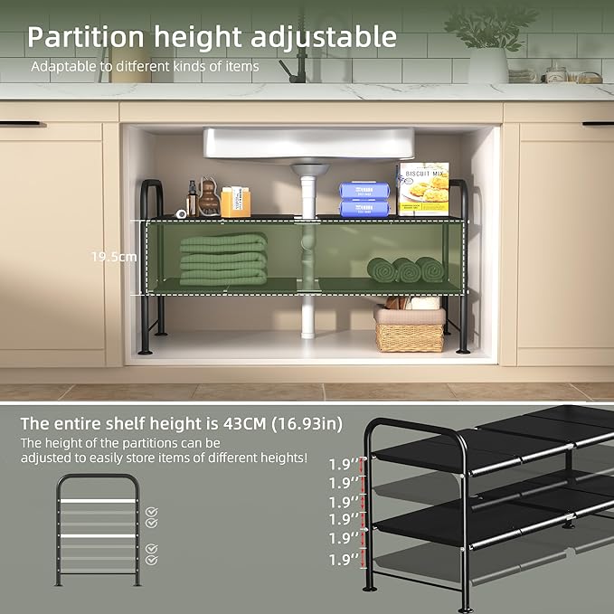 NETEL Under Sink Organizers and Storage,2 Tier Shelf Under Bathroom Sink,Cabinet Organizer with 8 Removable Carbon Steel Pane