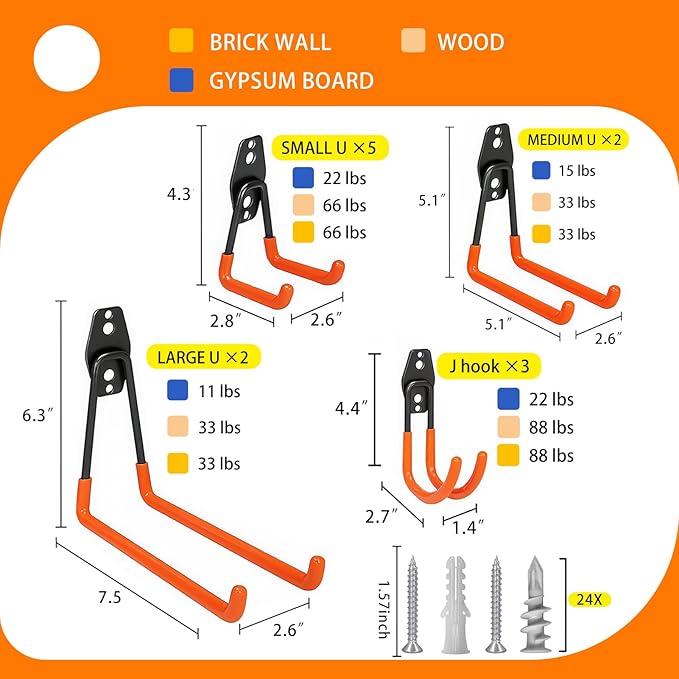 KOFANI Garage Hooks Heavy Duty, 12 Pack Anti-Slip Coating Garage Wall Storage Hooks for Hanging Bike, Ladder, Garden Tools