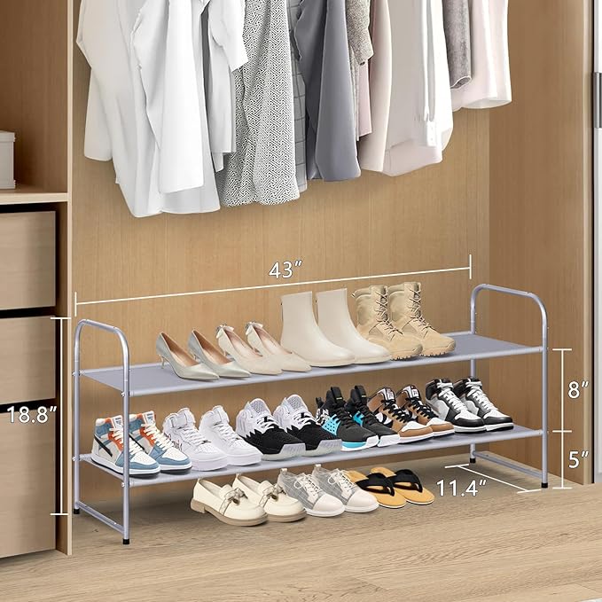 MISSLO 2 Tier Long Shoe Rack for Closet Shoe Organizer Holds 18-Pairs, Wide Low Stackable Shoe Storage Shelf for Bedroom Floo