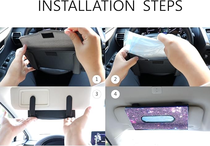 Car Visor Tissue Holder, Sparkling PU Leather Mask Box, Bling Crystals Cover Case & Glitter Mask Hook Clip for Women (Purple)