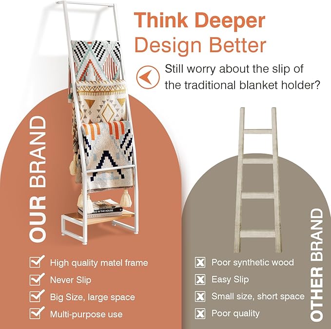 DGWJSU Blanket Ladder, 5 Tier Ladder Shelf,Wooden Blanket Ladders for Living Room and Bedroom, 5.2ft Blanket Holder Rack Farm