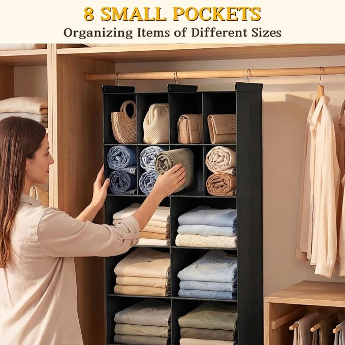 Ofiray-home 5 Tier Hanging Closet Organizer, 14 Compartments Sweater Organizer for Closet with 3 Sturdy Hooks, Closet Organiz