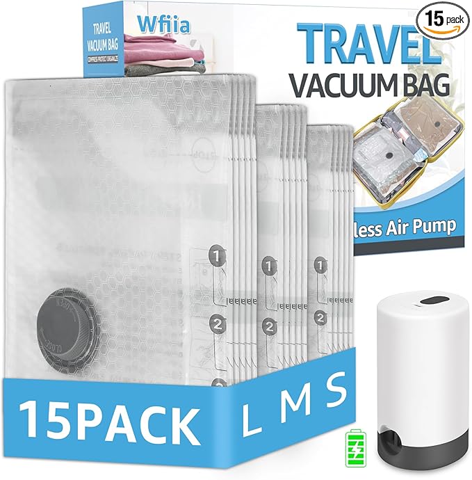 15 Packs Vacuum Bags for Travel with Rechargeable Pump, 3 Sizes Vacuum Seal Bags for Clothing, Compression Vacuum Travel Bags