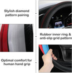 Leather Patchwork Black Steering Wheel Cover, 14.5-15 Inch Non-Slip Breathable Microfiber Car Steering Wheel Protector