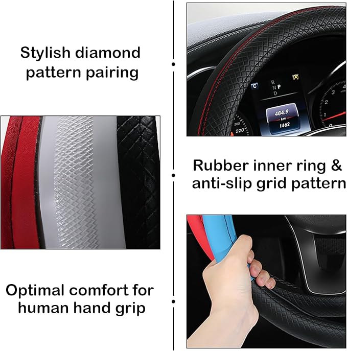 Leather Patchwork Black Steering Wheel Cover, 14.5-15 Inch Non-Slip Breathable Microfiber Car Steering Wheel Protector