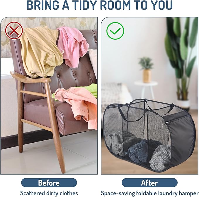 Seiritex Mesh Popup Laundry Hamper 3 Compartment Sortable Horizontal Collapsible Laundry Basket for Clothes Laundry Room Bedr