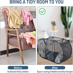 Seiritex Mesh Popup Laundry Hamper 3 Compartment Sortable Horizontal Collapsible Laundry Basket for Clothes Laundry Room Bedr