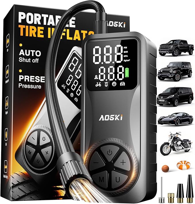 AOSKY portable tire inflator 150PSI with auto shut-off and 4 preset modes, shown with car motorcycle bike and ball

