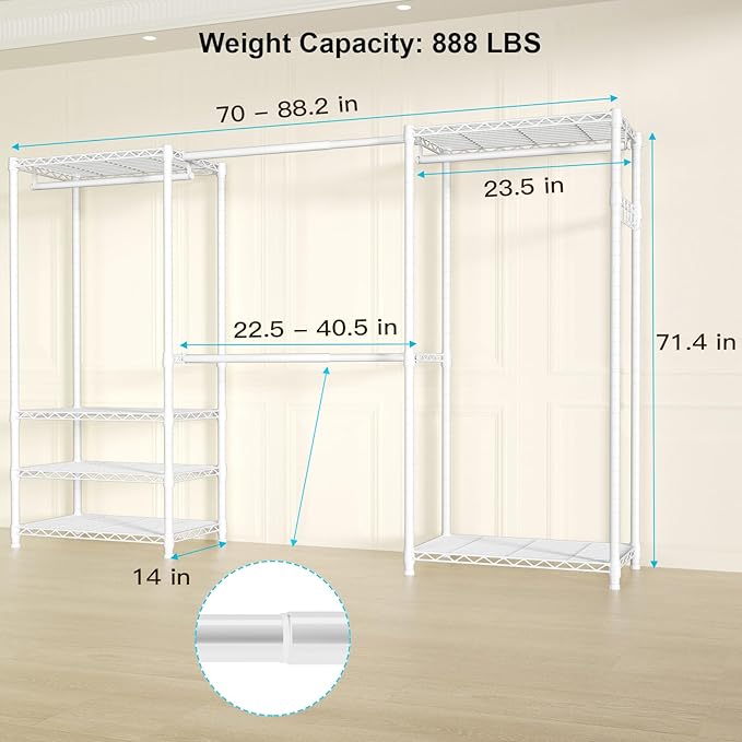Ulif E1 Heavy Duty Closet Garment Rack, 6 Tiers Adjustable Metal Freestanding Expandable Clothing Storage with 4 Hanger Rods,