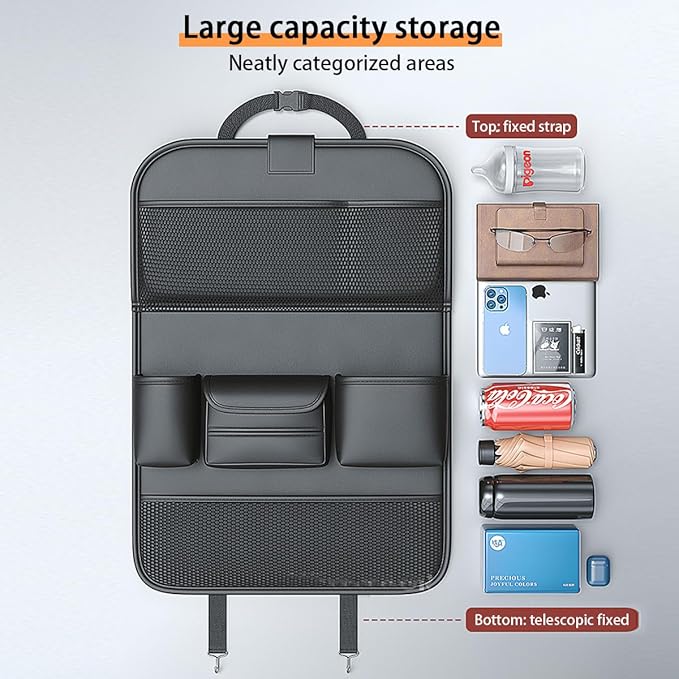 Popular Items Rear Seat Organizer, Premium Waterproof PU Leather Car Seat Back Pocket with Stain Proof iPad Storage, Black