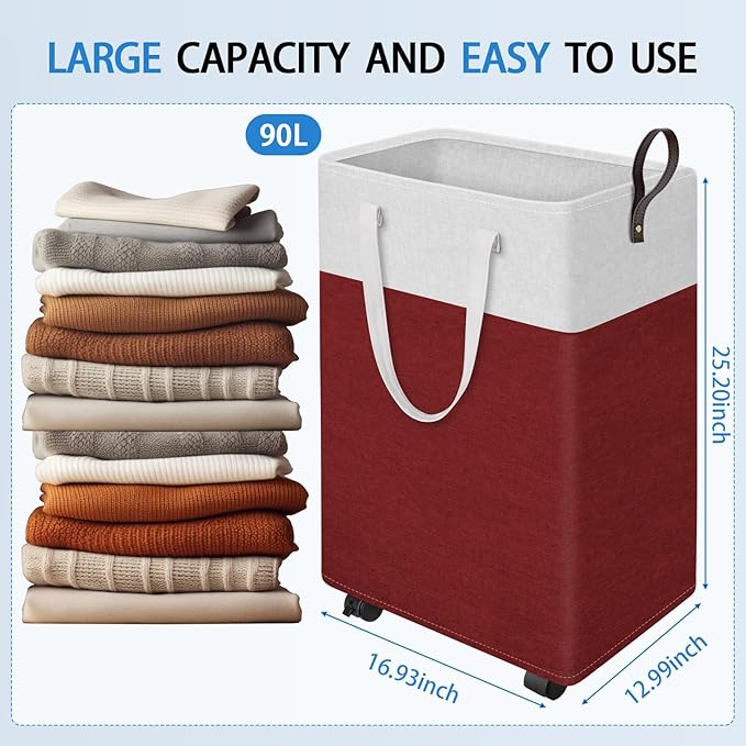 HomeHacks 90L Large - Capacity Rolling Laundry Basket, Laundry Hamper with 4 Smooth Wheels, Collapsible Waterproof Clothes Ba