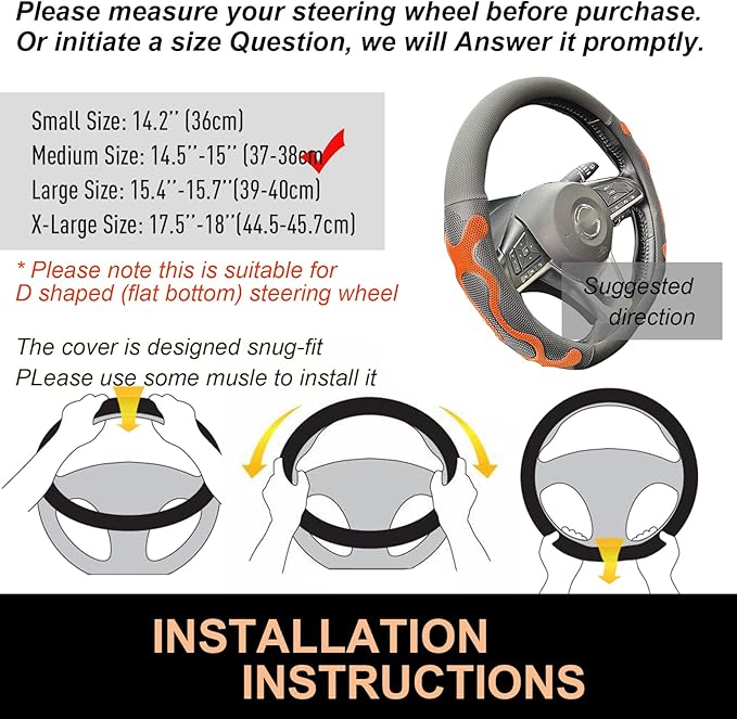 PINCTROT D Shaped Comfy Grip Steering Wheel Cover, Anti-Slip Design, Flat Bottom 14.5-15 Inch(Silicone Orange)