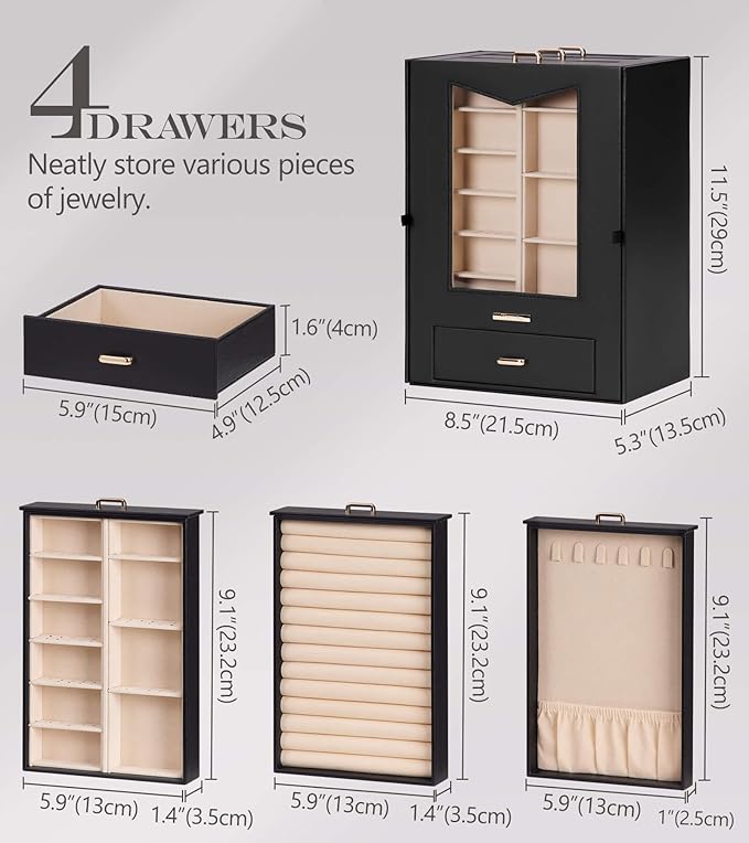 Homde Jewelry Organizer with Transparent Window Necklace Hooks Gift for Women Jewelry Box Display Case for Necklaces Rings Ea