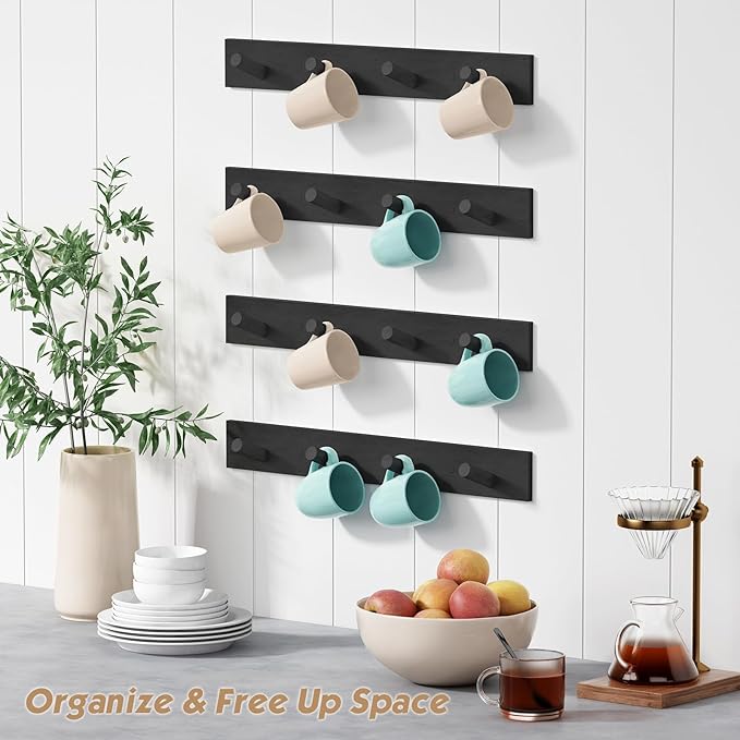 Forbena Black Coat Rack Wall Mount 4-Pack, Rustic Farmhouse Coat Hooks for Wall, Vertical Hanging Hat Rack for Office, Bedroo
