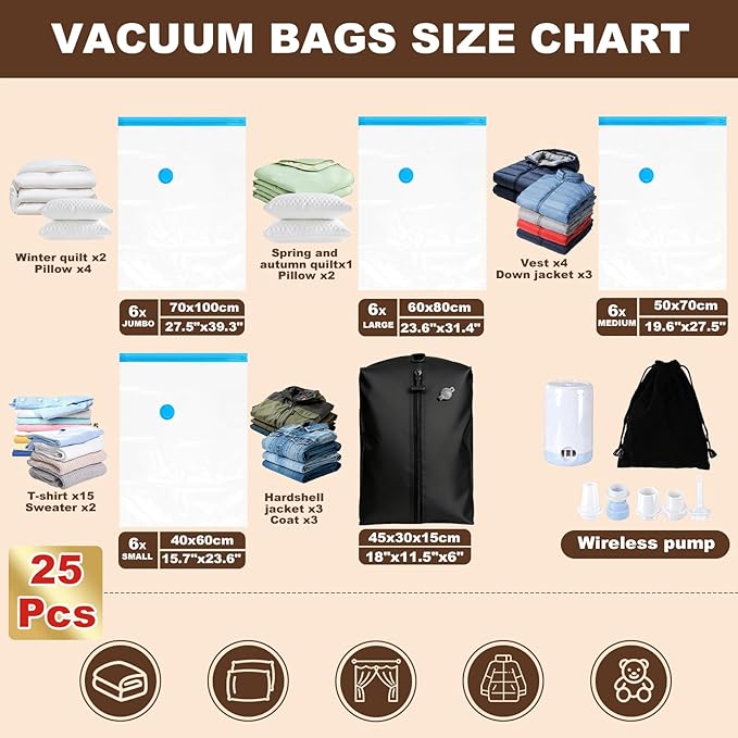 25 Pack Vacuum Storage Bags for Clothing Travel Vacuum Seal Bags With Wireless Pump IP67 Waterproof Reusable Vacuum Compressi