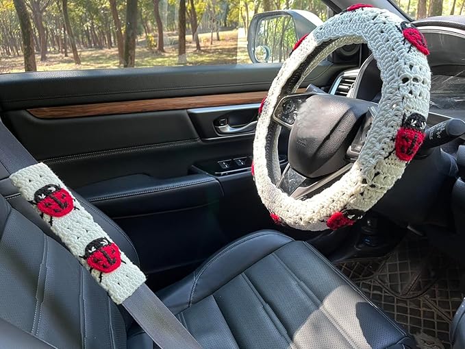 Crochet Ladybug Steering Wheel Cover Universal 14-15 inch (A,Wheel Cover+2 Belt Cover)