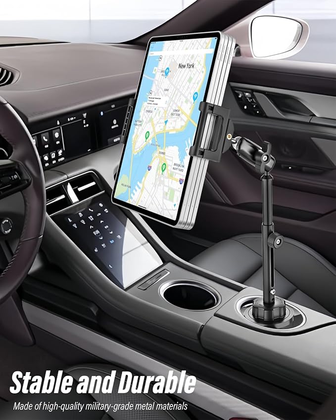 Aluminum Cup Holder Car Tablet Mount - [16" Height Adjustable] [Thick Case Friendly] Heavy Duty Truck Tablet Holder for Car Mount Accessories, for iPad Pro Air Mini, iPhone, Galaxy Tab, 6-15.6 Devices