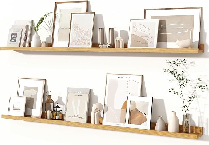 Fun Memories Picture Ledge Shelves Set of 2, 55 Inch Rustic Wall Mounted Floating Shelves with Lip for Home Storage and Décor