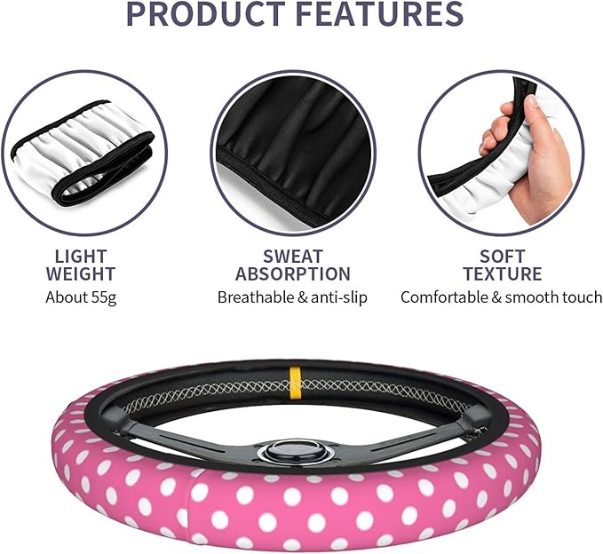 Cute Pink White Polka Dot Steering Wheel Cover for Women, Universal Fit 14-15 inch,Automotive Interior Accessories Decorative