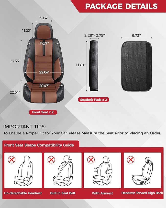 FREESOO Black Brown Front Car Seat Covers - Faux Nappa Leather Seat Covers for Cars, with Carbon Fiber Texture Seatbelt Pads,