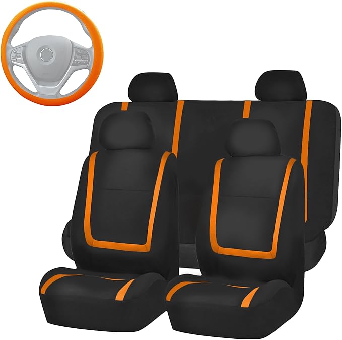 FH Group Unique Flat Cloth Full Set Car Seat Covers w. Silicone Steering Wheel Cover- Universal Fit for Most Cars, Trucks, SUVs or Vans (Orange/Black)