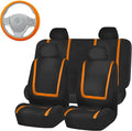 FH Group Unique Flat Cloth Full Set Car Seat Covers w. Silicone Steering Wheel Cover- Universal Fit for Most Cars, Trucks, SUVs or Vans (Orange/Black)