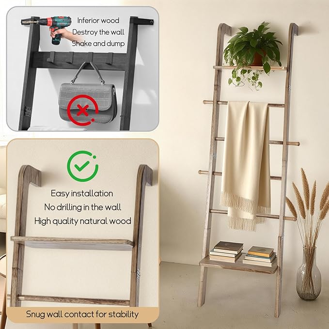 Wooden Ladder with Shelf for Room Decor, 6-Tier Decor Ladder with Non-Slip Mat & Hooks, Farmhouse Style Leaning Wall Display 