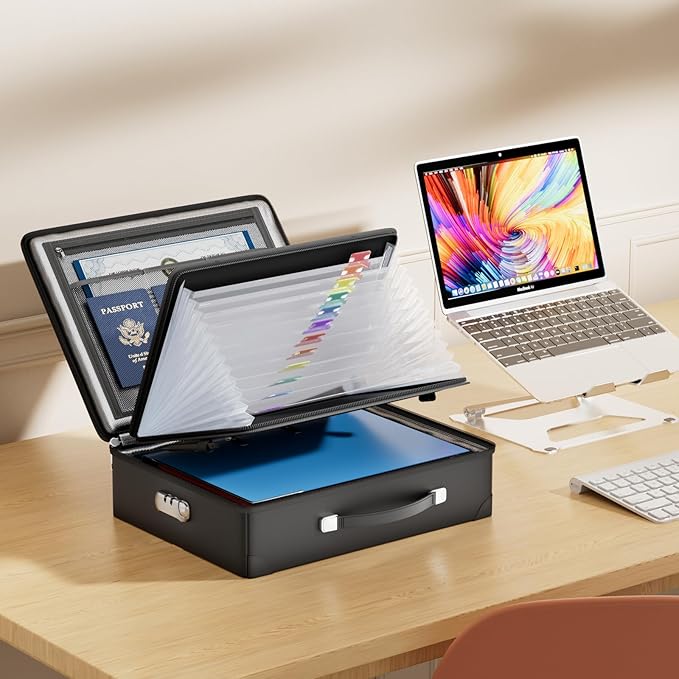 Fireproof Document Box with lock, File Organizer with Fireproof Zipper, Hard Shell Fireproof & Waterproof Storage box, Portab
