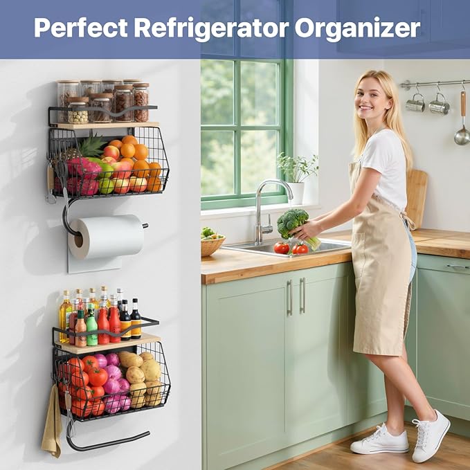 Housolution 2 Pack Wall Mounted Fruit Basket with Wood Lid, Hanging Kitchen Storage Basket for Fruit and Vegetable, Potato an