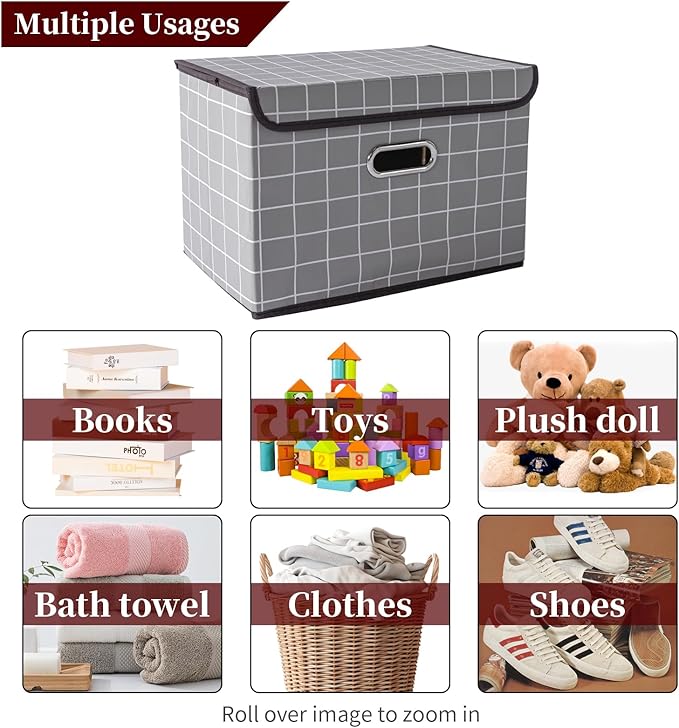 STOREONE Fabric Storage Cube Bins Foldable Organizer Container Collapsible Basket with Lids and Metal Handles, for Home, Bedr