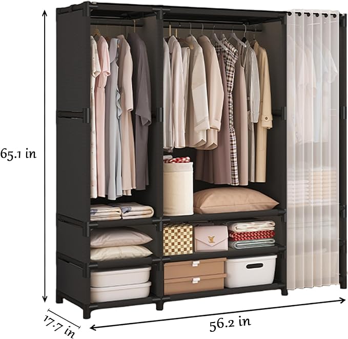 Portable Closet,Portable Closets for Hanging Clothes,Japanese Style Wardrobe with 3 Hanging Rods,9 Storage Shelves,56.2" L x 