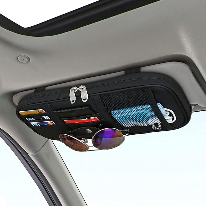 Car Sun Visor Organier Truck SUV Sun Visor Storage Pocket Pouch Holder, Multi-Pocket PU Leather with Zipper Net, for Cards Pens Sunglasses Document (Black)