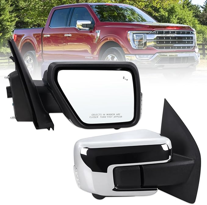 Right Passenger Side Door Mirror Fits 2021-2026 Ford F150 With Power Folding Heated Blind Spot Turn Signal Puddle Light Temperature Sensors Memory Camera Chrome Replace#ML3Z17682FF5YGY(18+1Pins)