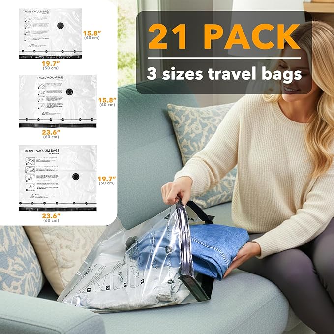 SpaceAid Travel Vacuum Bags for Luggage with Electric Pump, 21 Pack Vacuum Seal Bags for Clothing Travel, Space Saver Compres