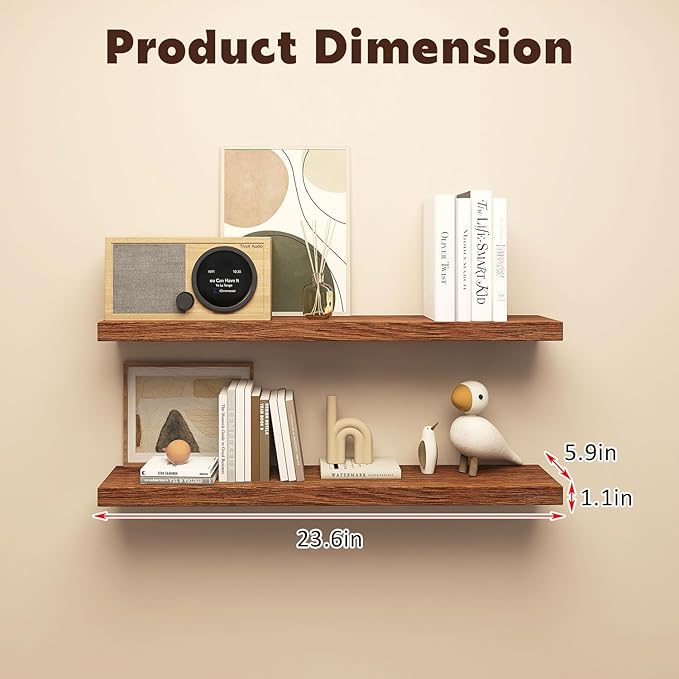Floating Shelves for Wall, Set of 2 Solid Wood Wall Shelves for Bathroom, Small Hanging Shelf for Books Storage Room Decor (W