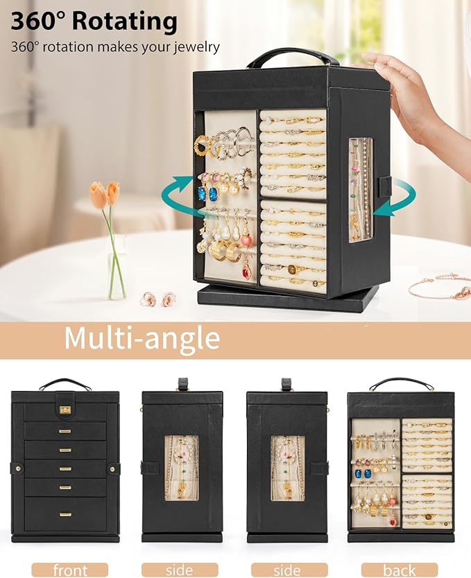 AKOZLIN Jewelry Box 6-Tier Organizer Functional 360° Rotating Jewelry Storage Case for Women Girls Ring Necklace Earring Brac