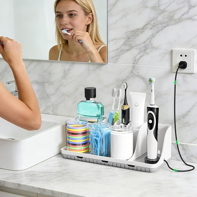 PARKMANI Bathroom Counter Organizers and Storage, Toothbrush Holders for Bathrooms with 3 PCS Qtip Holder, Kids Electric Toot