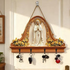 2D Flat Virgin Mary Praying Wall Art Keychain Holder, Rustic Wooden Key Rack with 4 Metal Hooks, Farmhouse Religious Decor fo