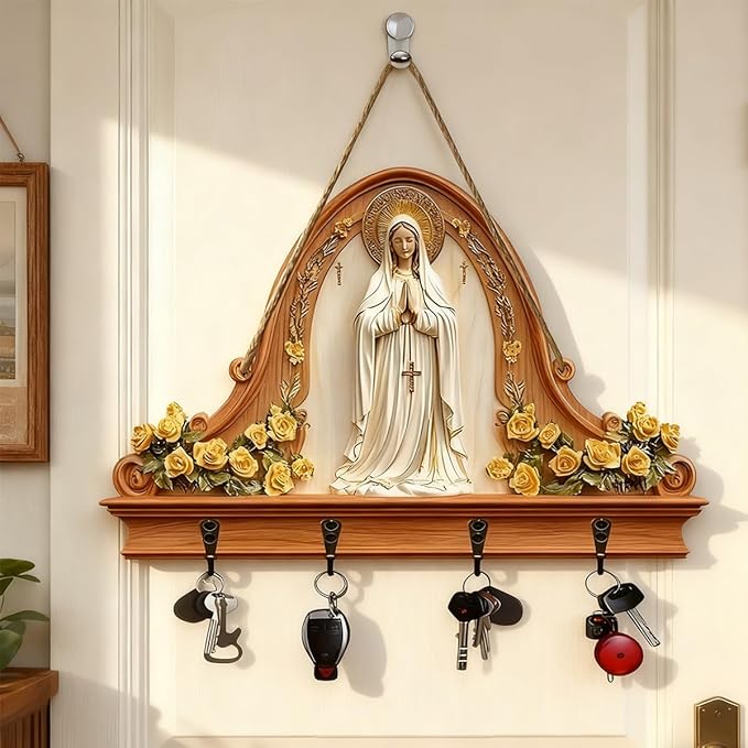 2D Flat Virgin Mary Praying Wall Art Keychain Holder, Rustic Wooden Key Rack with 4 Metal Hooks, Farmhouse Religious Decor fo