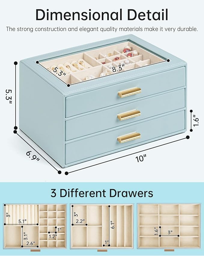AKOZLIN Jewelry Box with Clear Lid Functional Leather Jewelry Storage Organizer Case 3 Drawers for Women Girls Necklace Ring 