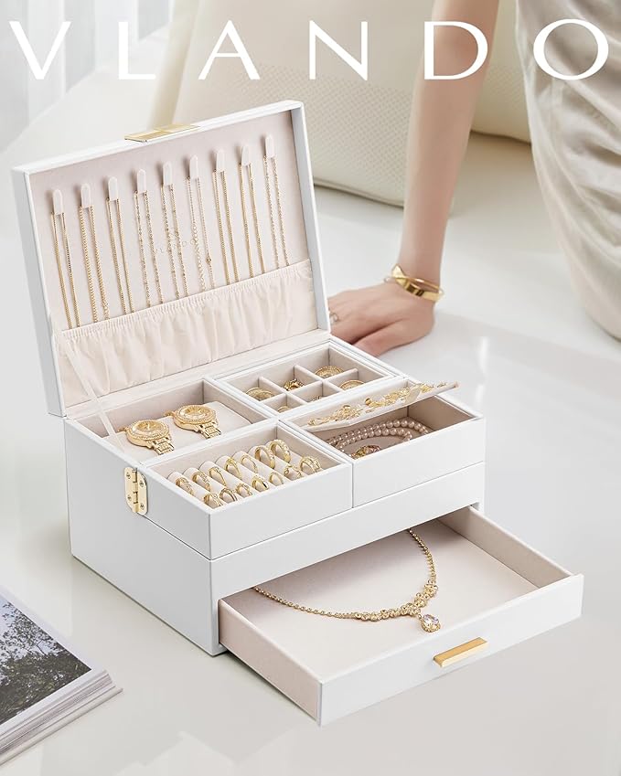 Vlando 3 Layer Jewelry Box - Women Jewelry Box with Retractable Tray - Jewelry Organizers with Drawer for Necklaces, Rings, B