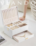 Vlando 3 Layer Jewelry Box - Women Jewelry Box with Retractable Tray - Jewelry Organizers with Drawer for Necklaces, Rings, B